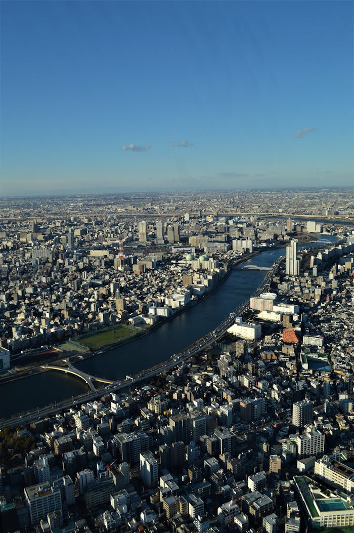 Drone capture of urban sprawl featuring a prominent river and scattered skyscrapers under a clear sky.